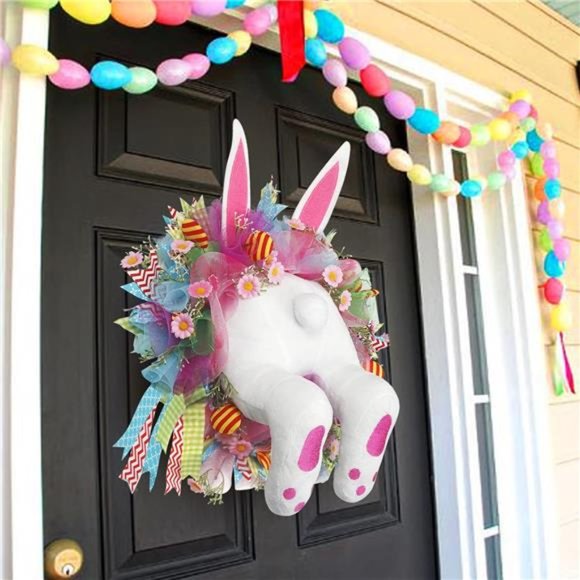Easter Door Wreath with Bunny Butt Ears Decorations Easter 17x16 Inches - Picture 1 of 8
